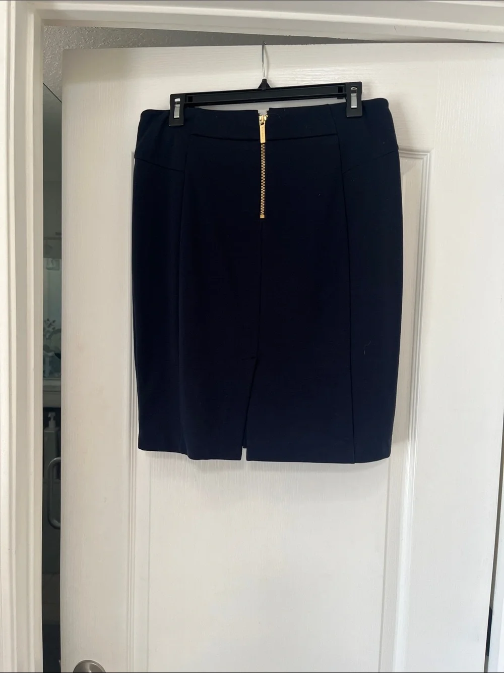 Michael Kors Tailored Navy Pencil Skirt with Gold Zip Details, 8